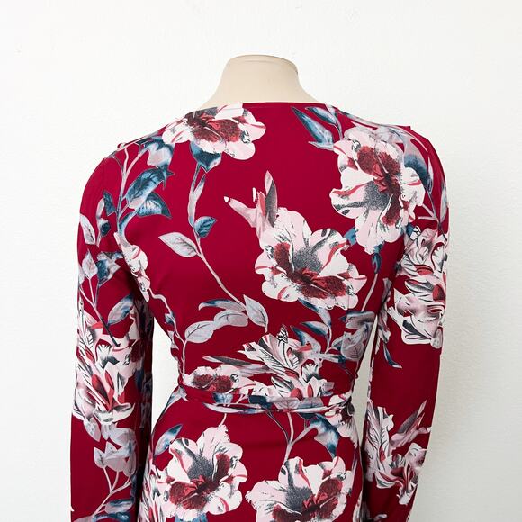 [ModCloth] Sunny Girl Red Floral Print Long Sleeve V-Neck Wrap Midi Dress Sz 10 - Picture 4 of 10